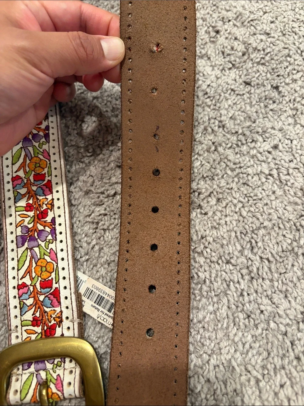Lucky Brand White Floral Embroidered Belt with Brass Buckle